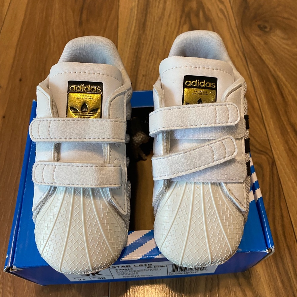 Adidas super star crib White Velcro Sneakers  Black with Gold size 5K
